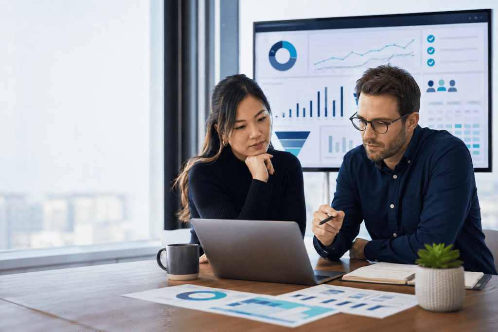 Marketing agency professionals reviewing campaign data while evaluating a white label PPC management partner.