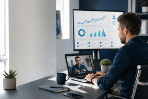 Marketing strategist reviewing multiple PPC campaigns while a specialist team supports faster agency growth.