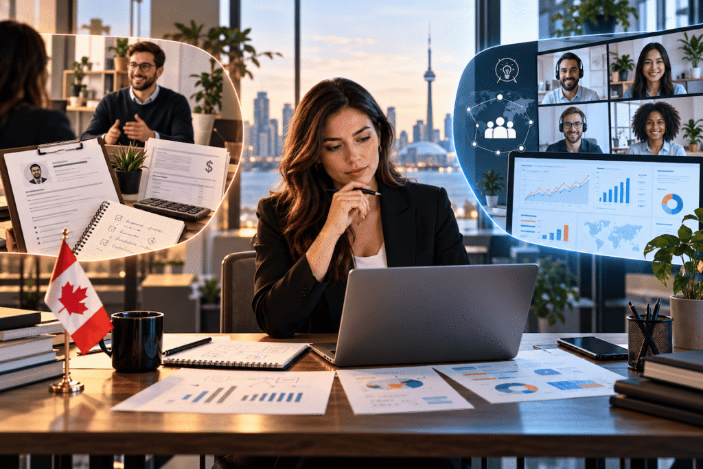 Canadian digital agency owner comparing white label PPC services and in-house hiring, with recruitment costs and PPC campaign dashboards.