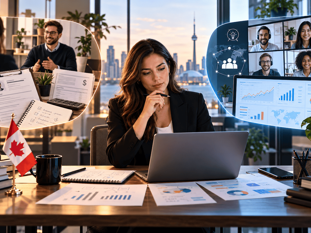 Canadian digital agency owner comparing white label PPC services and in-house hiring, with recruitment costs and PPC campaign dashboards.