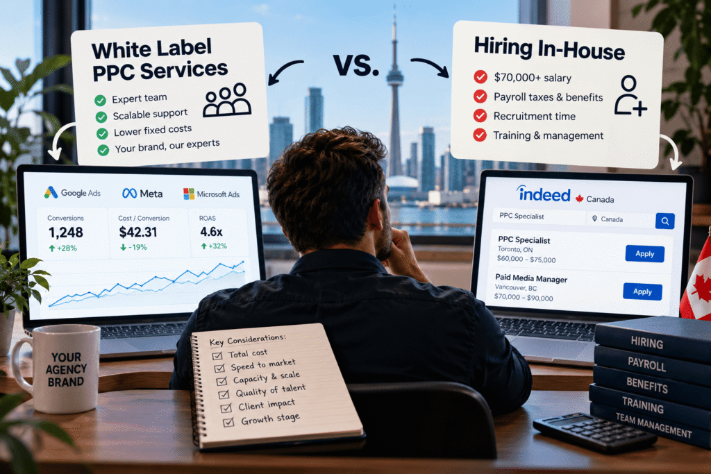 Canadian agency owner comparing white label PPC services and in-house hiring costs, with Google Ads performance dashboards and PPC job listings.